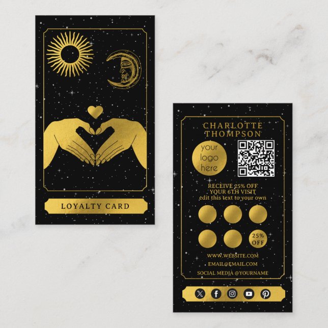 Celestial Tarot Hairdresser Black Gold Thank You Business Card (Front/Back)