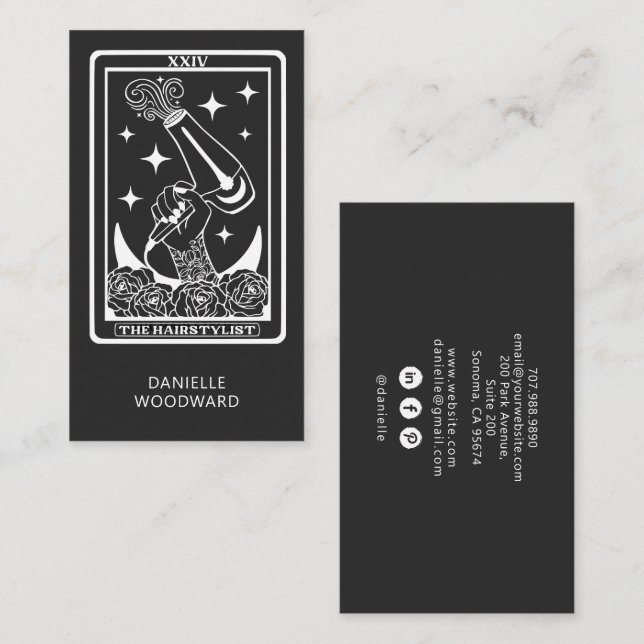 Celestial Tarot Hairdresser Cahrcoal gray Business Card (Front/Back)