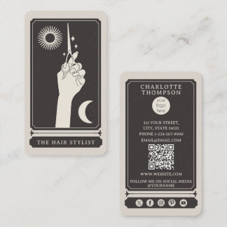 Celestial Tarot Logo Hairdresser Black Beige Boho Business Card