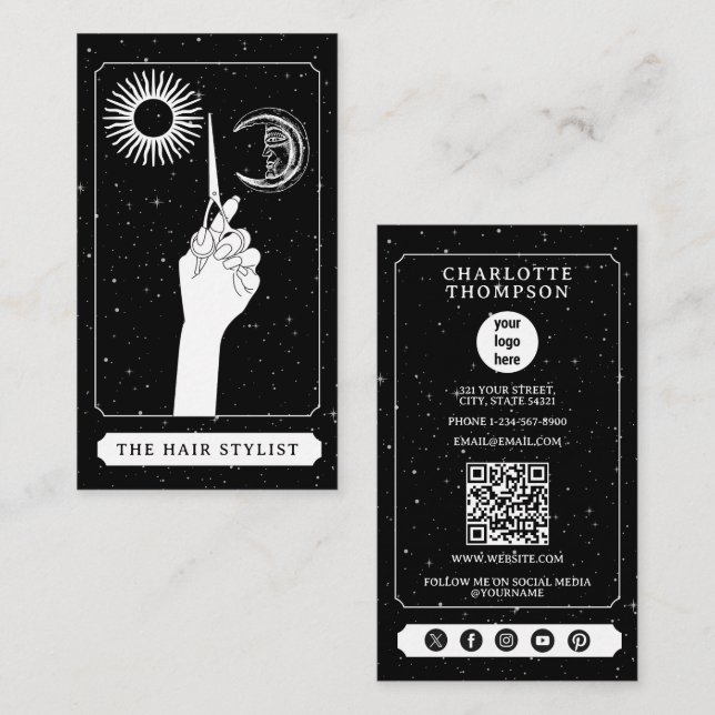 Celestial Tarot Logo Hairdresser Black White Business Card (Front/Back)