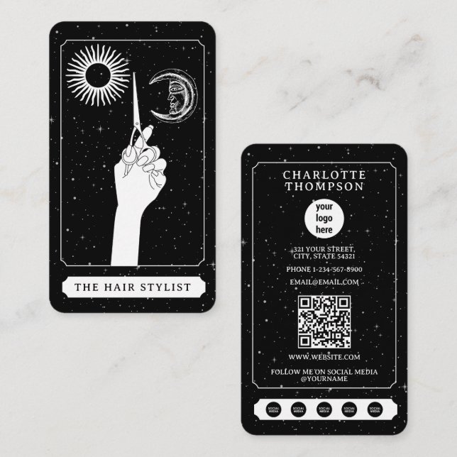 Celestial Tarot Logo Hairdresser Black White Cute Business Card (Front/Back)