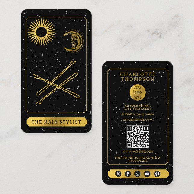 Celestial Tarot Logo Hairdresser Hair Pins Gold  Business Card (Front/Back)