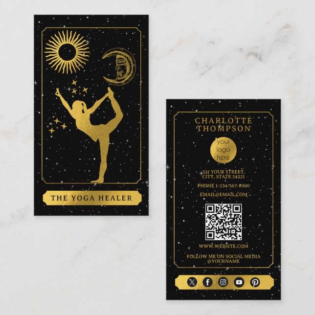 Celestial Tarot Logo Yoga Healer Black Gold  Business Card (Front/Back)