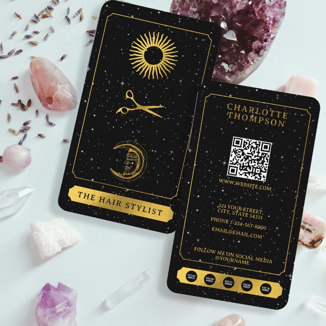 Celestial Tarot Sun Moon Hairdresser Black Gold  Business Card (Celestial Tarot Sun Moon Hairdresser Black Gold Business Card)