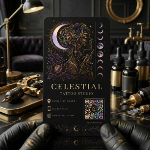Celestial Tattoo Studio Luxury Black Gold QR Tatto Business Card