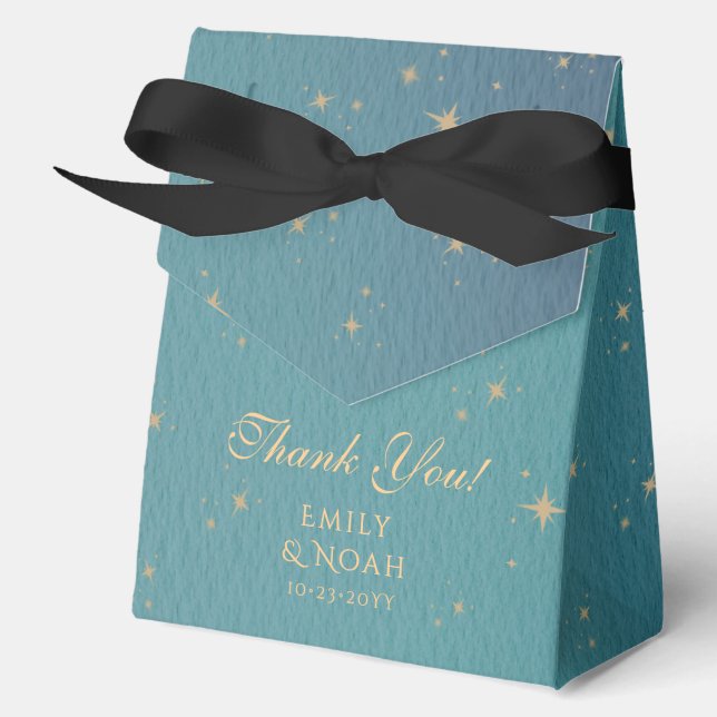 Celestial Teal Gold Sun Moon Stars Wedding Favour Box (Front)