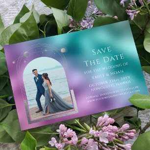 Celestial Teal Purple Silver Photo Wedding Save The Date