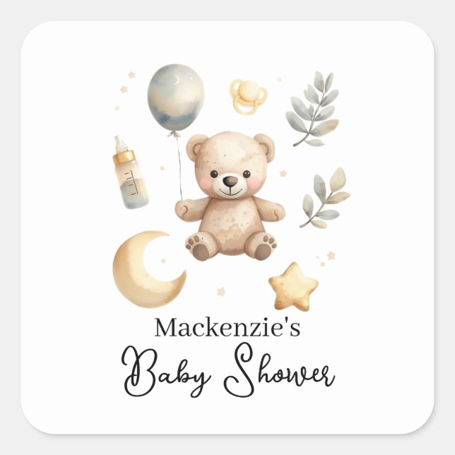 Celestial Teddy Bear Watercolor Baby Shower Square Sticker (Front)
