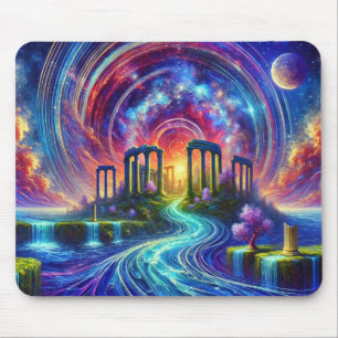 Celestial Temple Ruins with Flowing Cosmic River Mouse Mat