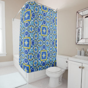 Celestial Tides Abstract Sapphire and Gold Mandal Shower Curtain