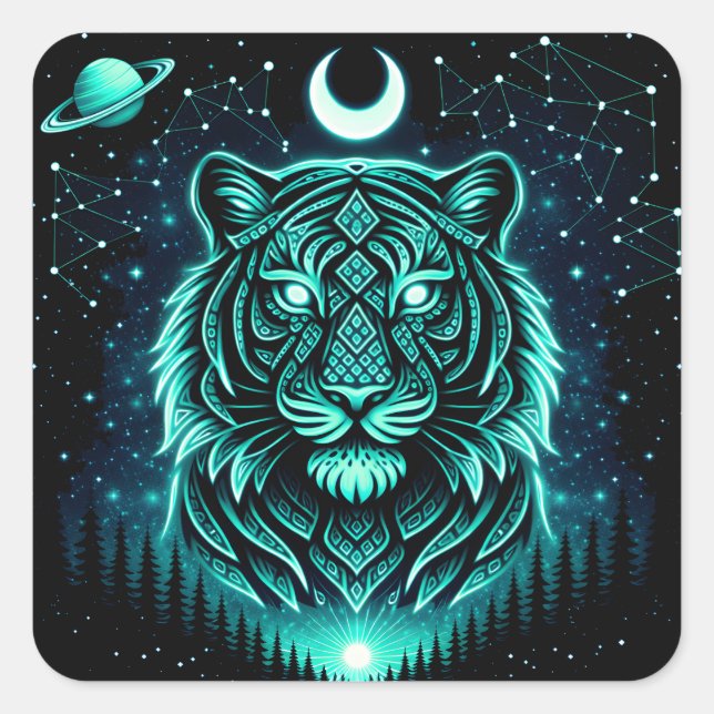 Celestial Tiger – Cosmic Striker Wildlife Galaxy Square Sticker (Front)