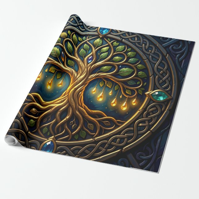 Celestial Tree of Light Celtic Golden Tree of Life Wrapping Paper (Unrolled)
