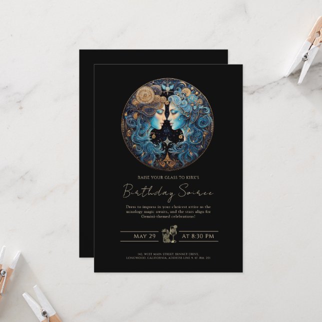 Celestial Twins Zodiac Symbol Black Gold Gemini Invitation (Front/Back In Situ)