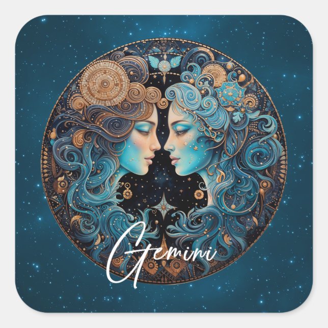 Celestial Twins Zodiac Symbol Black Gold Gemini Square Sticker (Front)