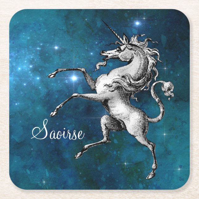 Celestial Unicorn Square Paper Coaster (Front)