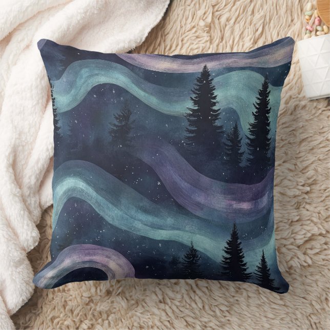 Celestial Veil: Aurora Waves in the Night Sky (1) Cushion (Blanket)