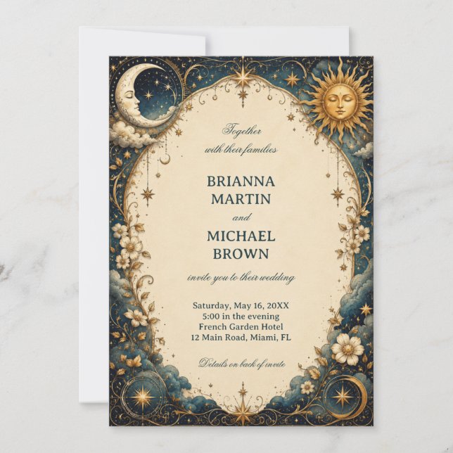 Celestial Vintage Botanical Moonlit Invitation (Front)