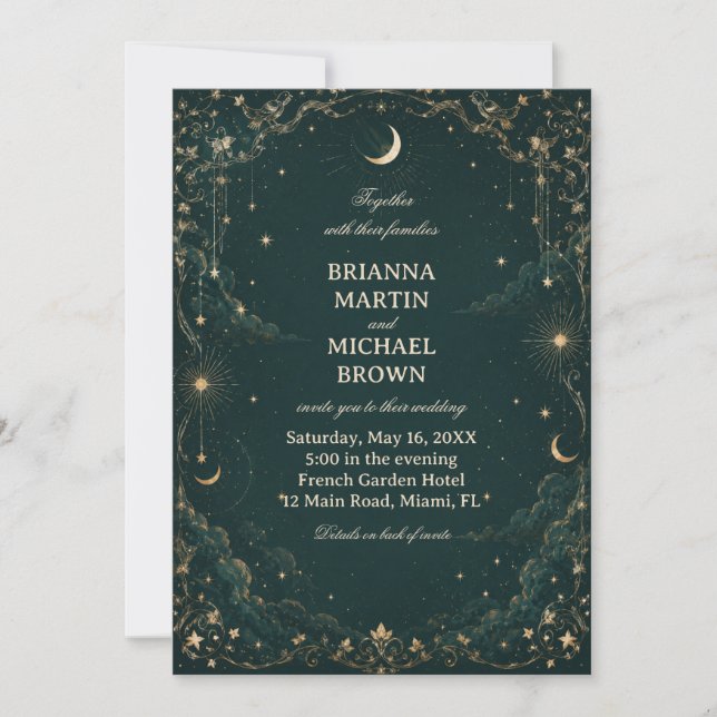 Celestial Vintage Midnight Botanical Invitation (Front)