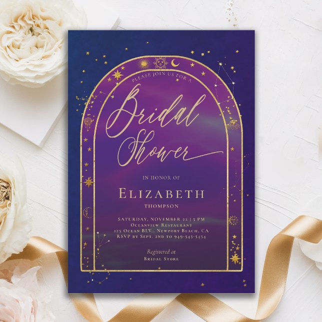 Celestial Water Starry Zodiac Purple Bridal Shower Invitation (celestial bridal shower invitation zodiac signs astrology oracle universe mystical waters indigo)