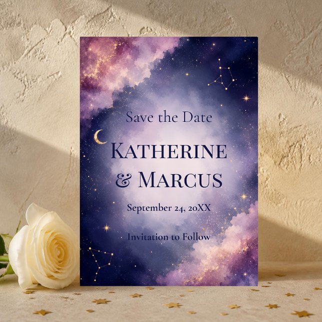 Celestial Watercolor Galaxy Save the Date Invitation (Elegant celestial watercolor save the date with dreamy galaxy clouds, gold stars and moon accents.)