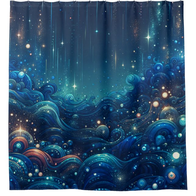 "Celestial Waves and Starry Night" Shower Curtain (Front)