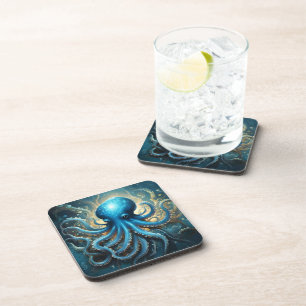 Celestial Waves: The Blue Octopus Fractal Art Coaster