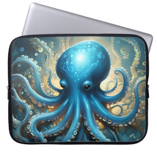 Celestial Waves: The Blue Octopus Fractal Art Laptop Sleeve