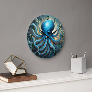Celestial Waves: The Blue Octopus Fractal Art Large Clock