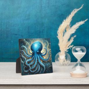 Celestial Waves: The Blue Octopus Fractal Art Plaque