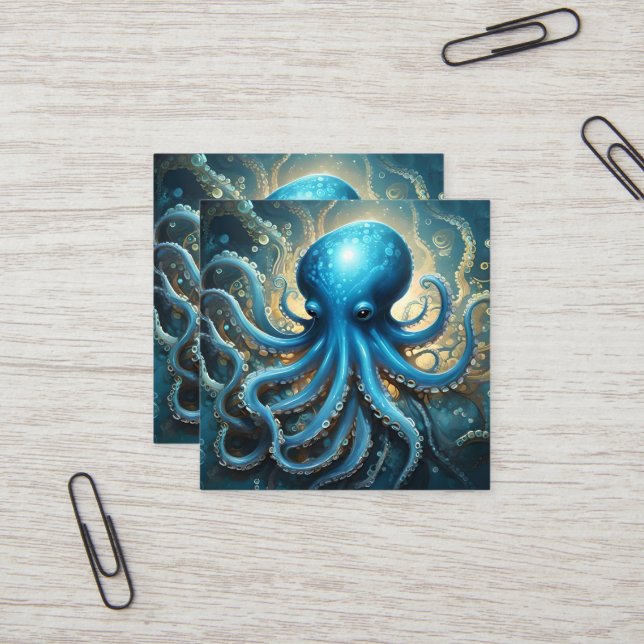 Celestial Waves: The Blue Octopus Fractal Art Square Business Card (Front/Back In Situ)