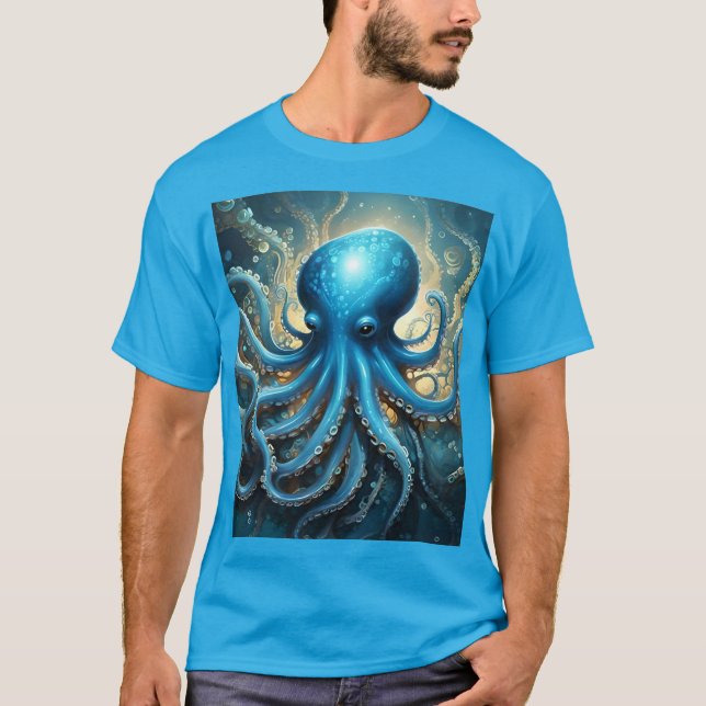 Celestial Waves: The Blue Octopus Fractal Art T-Shirt (Front)
