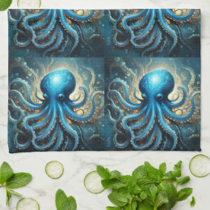 Celestial Waves: The Blue Octopus Fractal Art Tea Towel