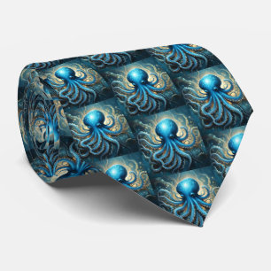 Celestial Waves: The Blue Octopus Fractal Art Tie