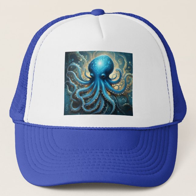 Celestial Waves: The Blue Octopus Fractal Art Trucker Hat (Front)