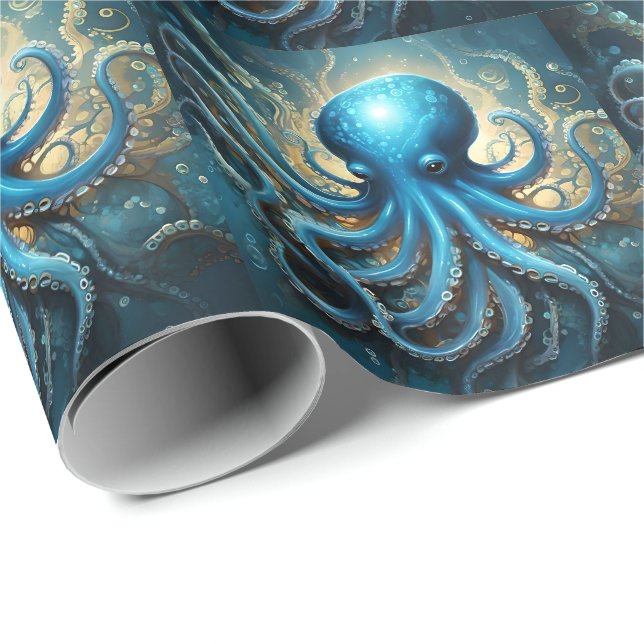Celestial Waves: The Blue Octopus Fractal Art Wrapping Paper (Roll Corner)