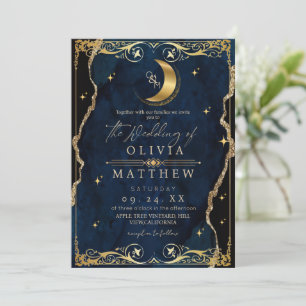 Celestial Wedding Blue and Gold Photo Wedding Invitation
