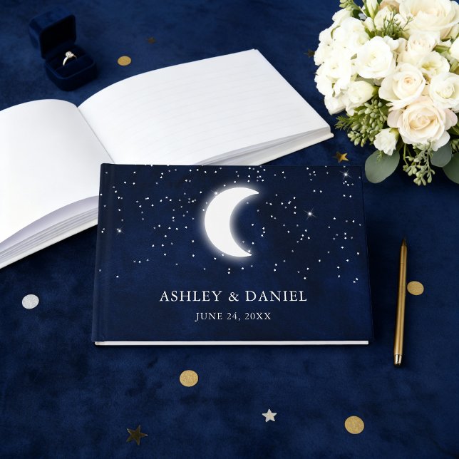 Celestial Wedding Blue Night Stars Moon Wedding Guest Book (Customize to change text size or text style.)