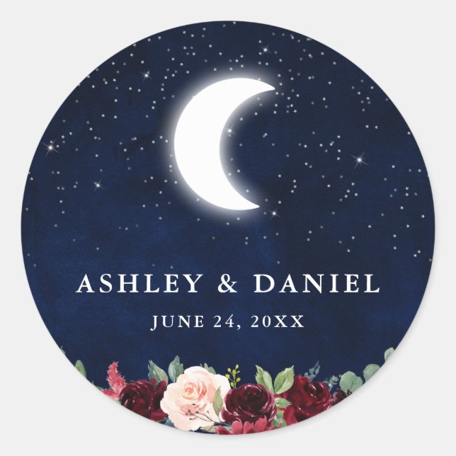 Celestial Wedding Blue Sky Moon Stars Floral Classic Round Sticker (Front)