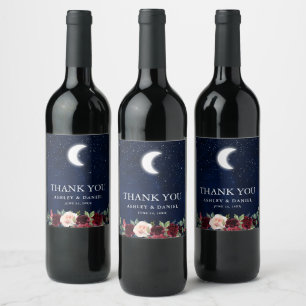 Celestial Wedding Blue Sky Moon Stars Floral Wine Label