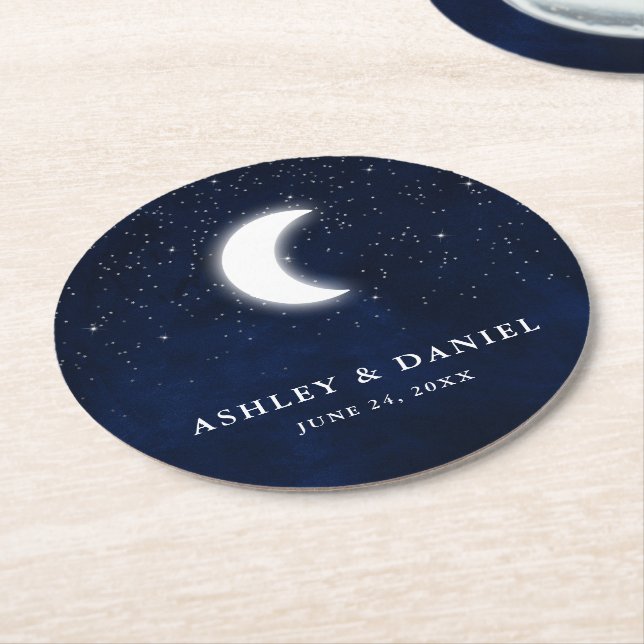 Celestial Wedding Blue Sky Moon Stars Round Paper Coaster (Angled)