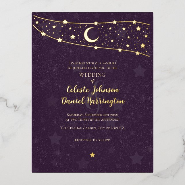 Celestial Wedding Fancy Gold Deep Purple Foil Invitation Postcard (Front)