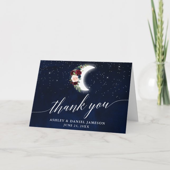 Celestial Wedding Floral Moon Calligraphy Fold Thank You Card (Front)