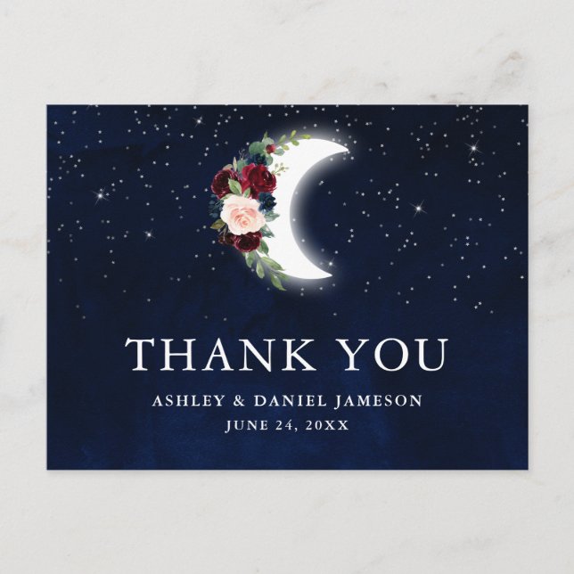 Celestial Wedding Floral Moon Stars Thank You Postcard (Front)