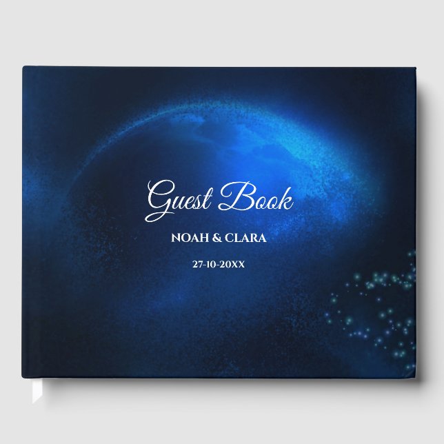 Celestial wedding Full Blue Moon & Stars Midnight Guest Book (Front)