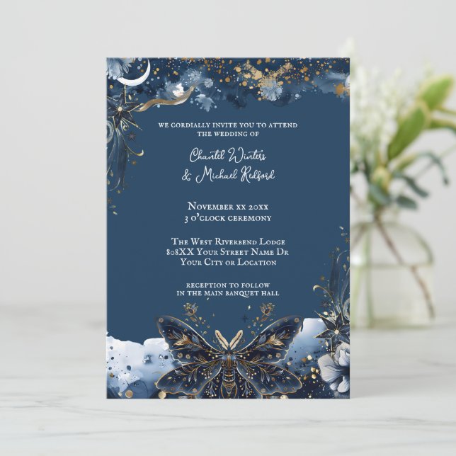 Celestial Wedding Gold and Navy Blue Invitation (Standing Front)