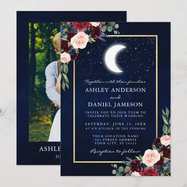 Celestial Wedding Gold Photo Moon Stars Invitation (Front/Back)