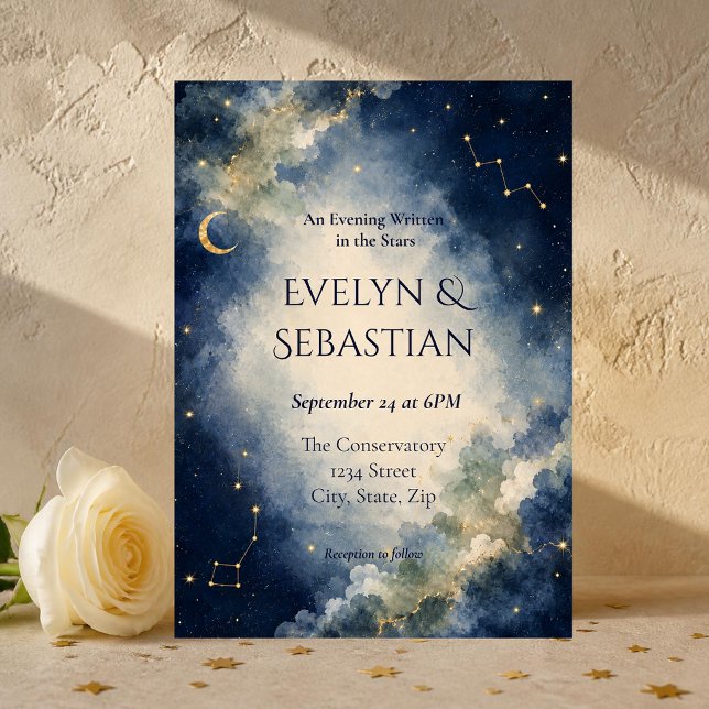 Celestial Wedding Invitation | Starry Night Blue (Romantic celestial wedding invitation featuring a dreamy watercolor night sky, soft blue clouds.)
