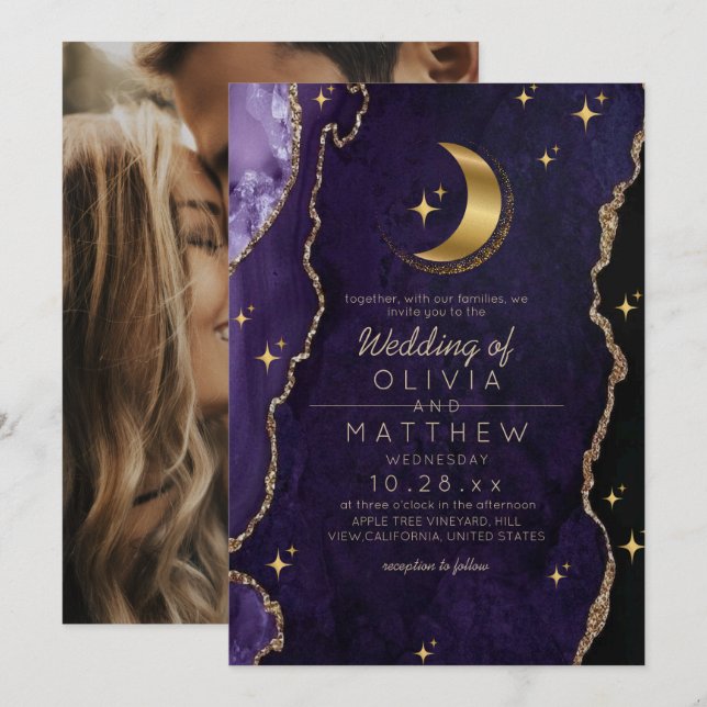 Celestial Wedding Midnight Purple Stars & Moon  Invitation (Front/Back)