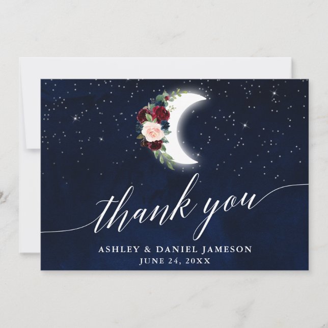 Celestial Wedding Moon Stars Floral Calligraphy Thank You Card (Front)