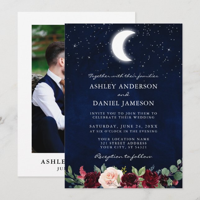 Celestial Wedding Moon Stars Floral Photo Back Invitation (Front/Back)